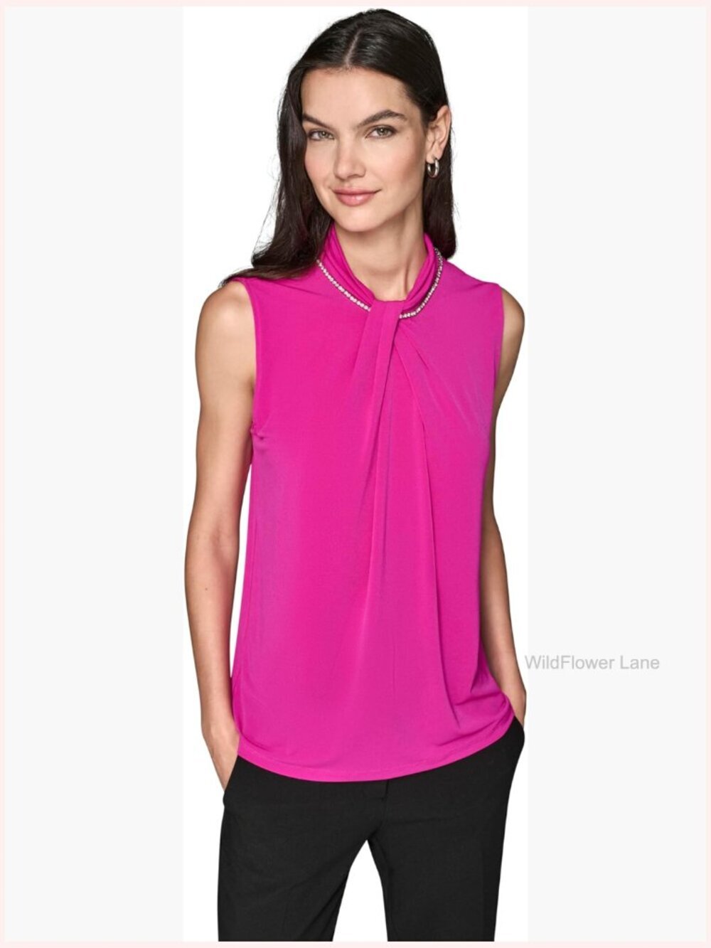 Sleeveless Novelty Blouse with Collared Neck, Button Closure, Regular Fit